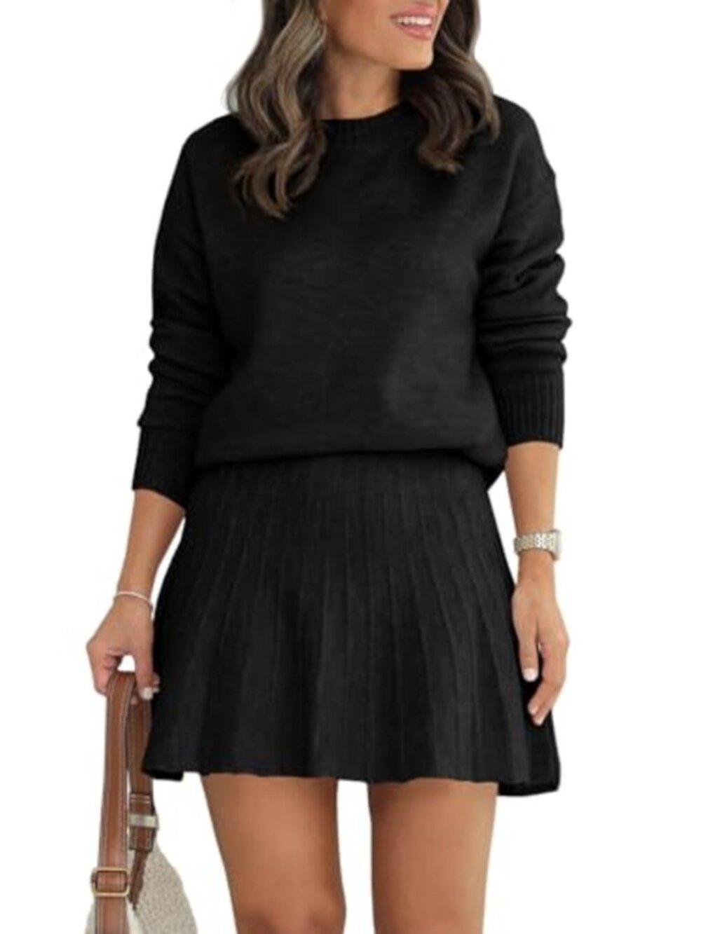 Women's 2 Piece Knit Sweater and Pleated Mini Skirt Set Long Sleeve Fall